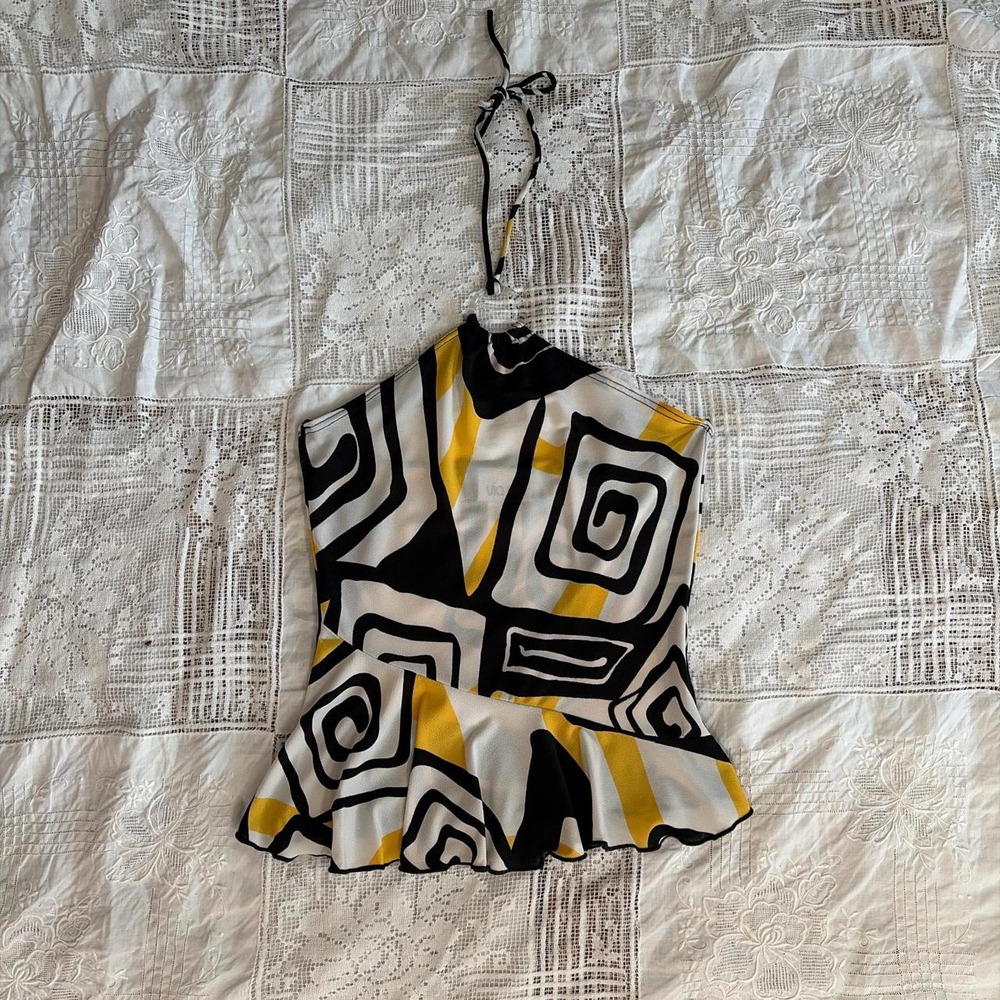 Via Vai USA Y2K Halter Crop Top Yellow White Black Geometric Ruffle Peplum Small